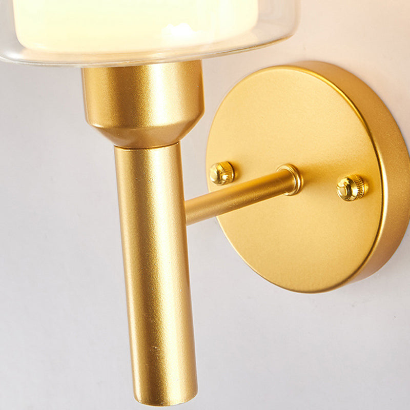 Metallic Single Bulb Wall Light, Golden Finish with Cylinder Shaped Glass Shade
