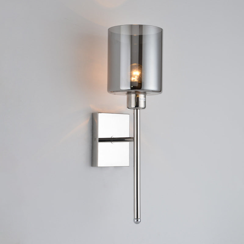 Single Modern Wall Mounted Lamp, Wallchiere Design Nickel Finish, Cylinder Shaped Gray Glass Shade Included