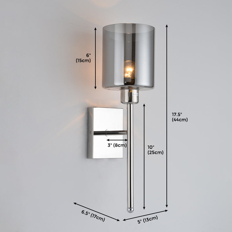 Single Modern Wall Mounted Lamp, Wallchiere Design Nickel Finish, Cylinder Shaped Gray Glass Shade Included