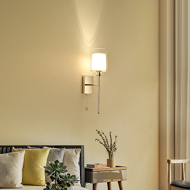 1-Light Modernism Wall Light, Torch Design with Golden/Chrome Finish, Cylinder Shaped Glass Shade