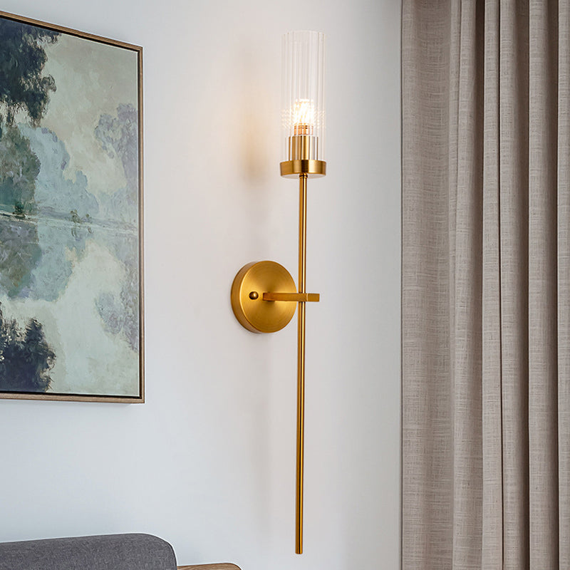 1-Light Torch Design Wall Light, Brass Finish with Cylinder Shaped Glass Shade