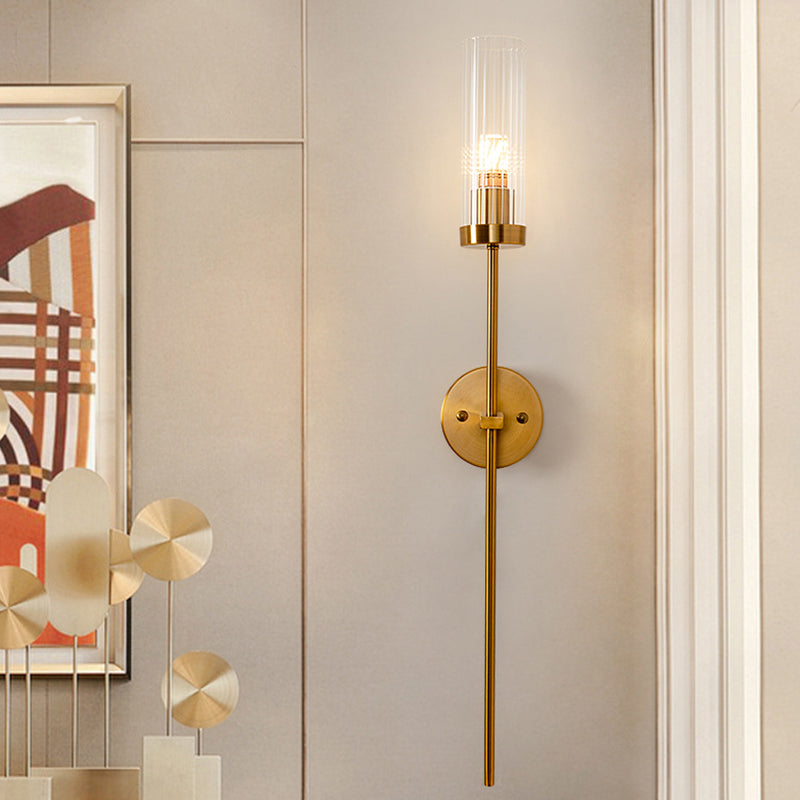1-Light Torch Design Wall Light, Brass Finish with Cylinder Shaped Glass Shade