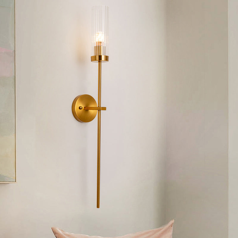 1-Light Torch Design Wall Light, Brass Finish with Cylinder Shaped Glass Shade