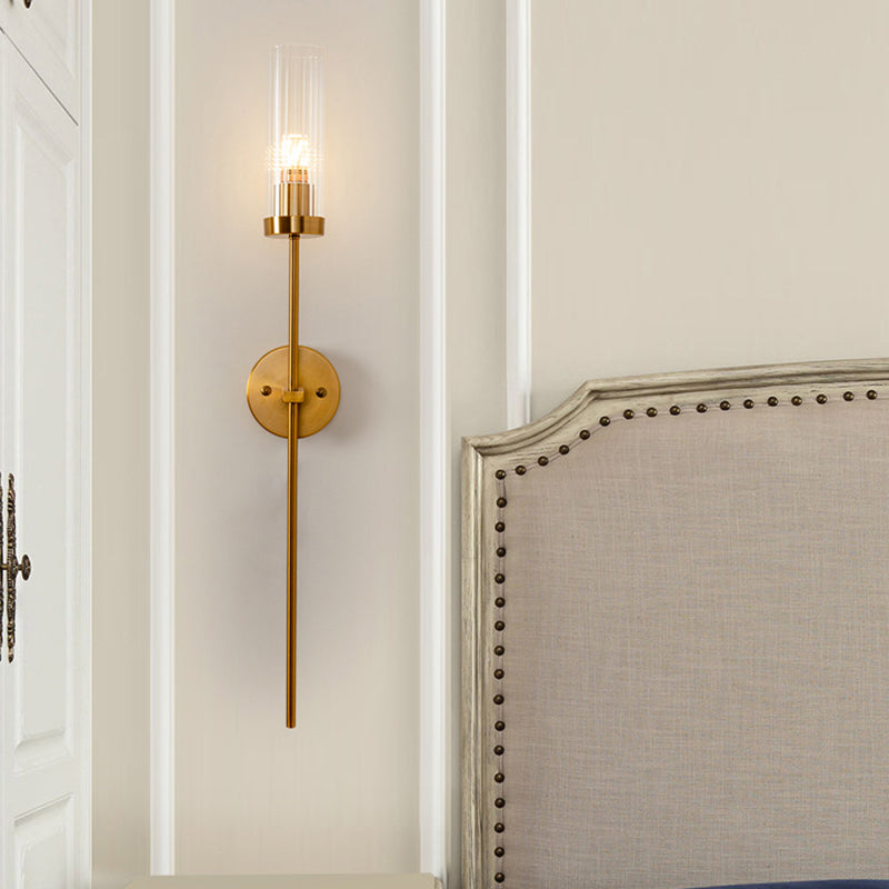 1-Light Torch Design Wall Light, Brass Finish with Cylinder Shaped Glass Shade