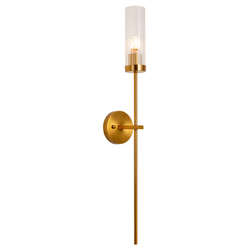 1-Light Torch Design Wall Light, Brass Finish with Cylinder Shaped Glass Shade