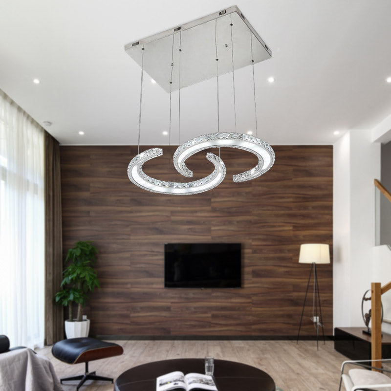 Double C-Shape Suspension Pendant Minimalist K9 Crystal Chrome LED Hanging Chandelier in Warm/White/3 Color Light