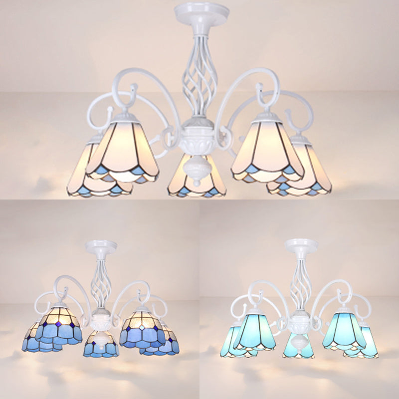Lámpara semi empotrada para sala de estar con pantalla estilo Tiffany, lámpara semi empotrada de 3/5 luces en blanco/azul/azul cielo