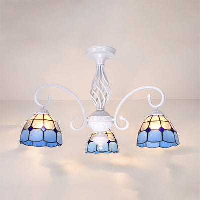 Lámpara semi empotrada para sala de estar con pantalla estilo Tiffany, lámpara semi empotrada de 3/5 luces en blanco/azul/azul cielo