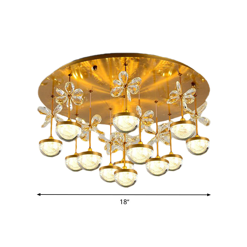 Hémisphère semi-rinçage cristal contemporain 9/12 têtes en laiton près du plafond, 18 "/23,5" de large