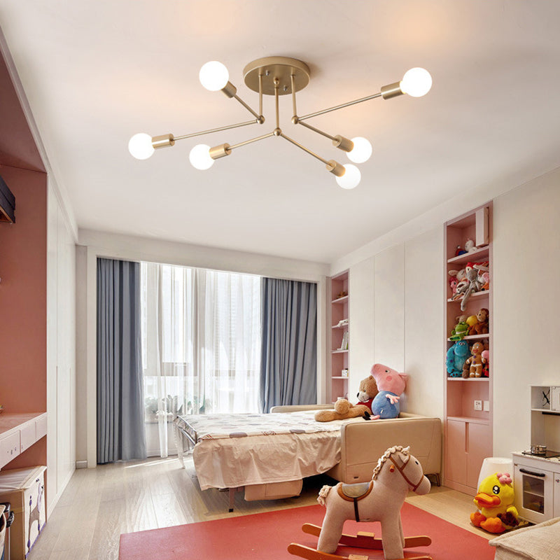 Sputnik Metal Semi Flush Ceiling Light in Industrial Vintage Style Bare Bulb Indoor Ceiling Light