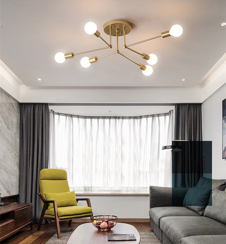 Sputnik Metal Semi Flush Ceiling Light in Industrial Vintage Style Bare Bulb Indoor Ceiling Light