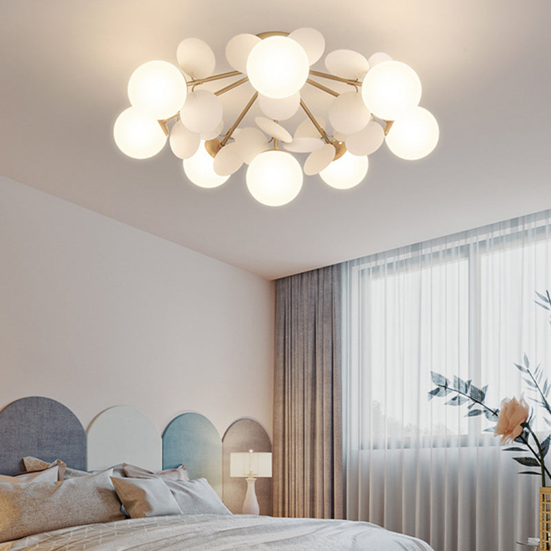 Flower Branch Metal Semi Flush Ceiling Light in Modern Simplicity Sputnik Indoor Flush Mount with Circular Opal Glass Shade