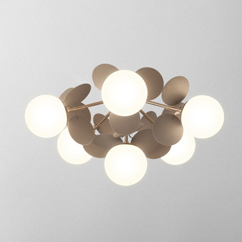 Flower Branch Metal Semi Flush Ceiling Light in Modern Simplicity Sputnik Indoor Flush Mount with Circular Opal Glass Shade