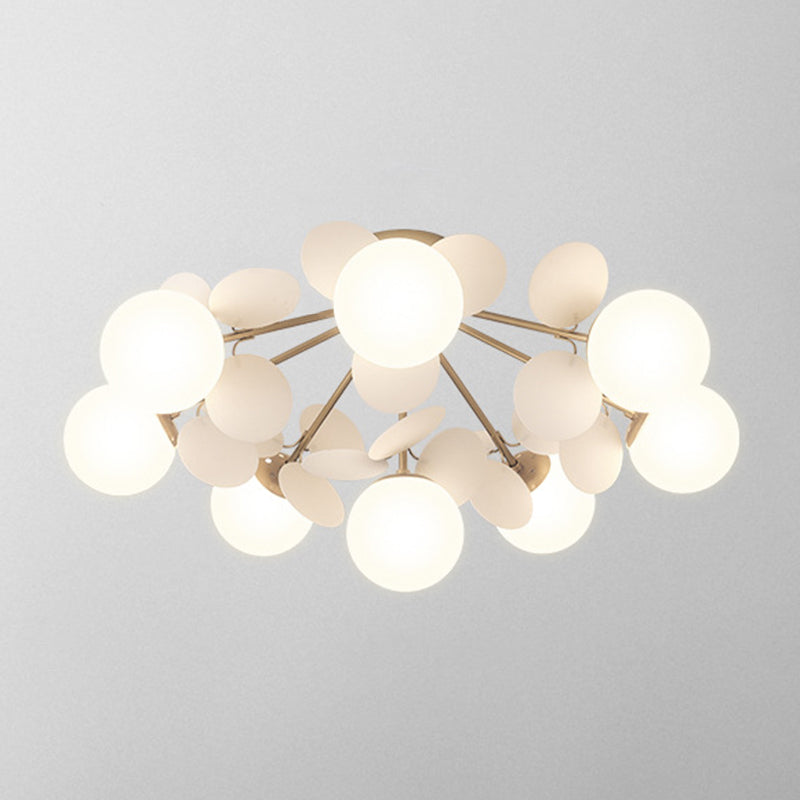 Flower Branch Metal Semi Flush Ceiling Light in Modern Simplicity Sputnik Indoor Flush Mount with Circular Opal Glass Shade
