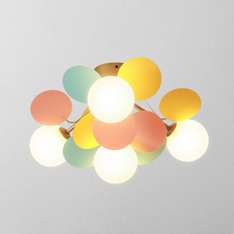 Flower Branch Metal Semi Flush Ceiling Light in Modern Simplicity Sputnik Indoor Flush Mount with Circular Opal Glass Shade