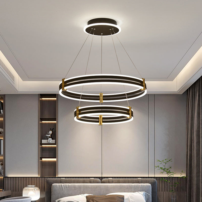 Black Tiered Round Chandelier Minimalist Acrylic LED Suspension Light for Living Room