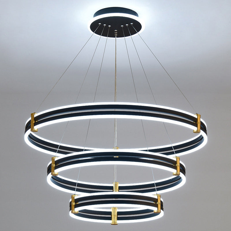 Black Tiered Round Chandelier Minimalist Acrylic LED Suspension Light for Living Room