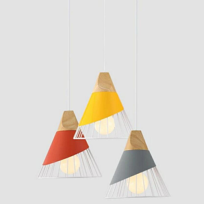 Metal Tapered Hanging Light Nordic Modern 1 Light Restaurant Ceiling Pendant Lamp with Wooden Top