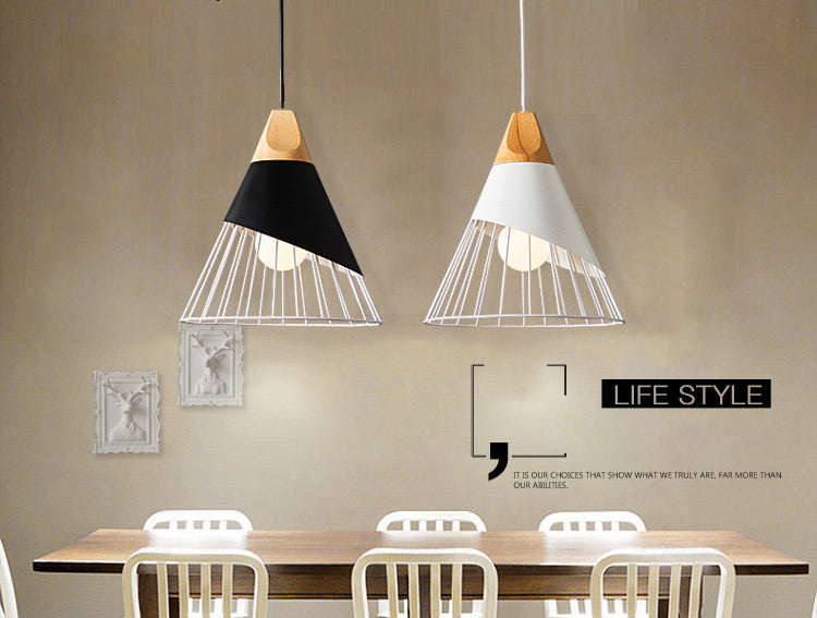 Metal Tapered Hanging Light Nordic Modern 1 Light Restaurant Ceiling Pendant Lamp with Wooden Top