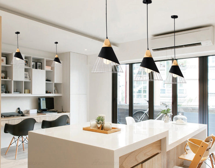 Metal Tapered Hanging Light Nordic Modern 1 Light Restaurant Ceiling Pendant Lamp with Wooden Top
