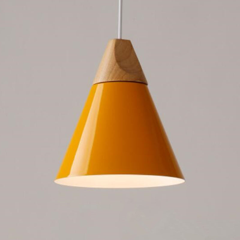 1 Light Metal Tapered Pendant Lamp Nordic Style Wooden Top Living Room Hanging Lamp