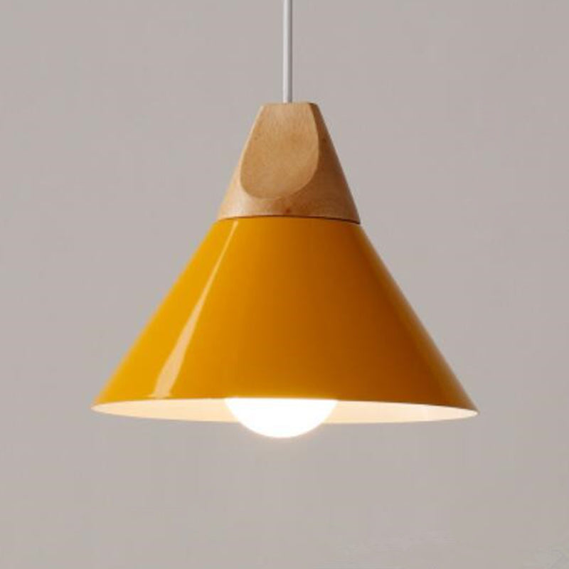1 Light Metal Tapered Pendant Lamp Nordic Style Wooden Top Living Room Hanging Lamp