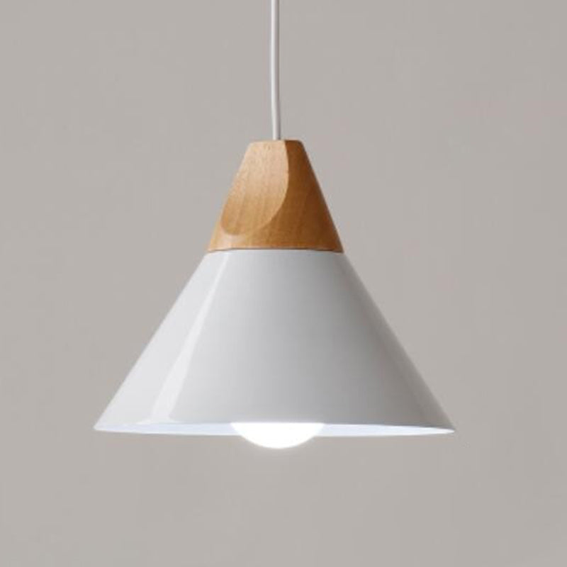 1 Light Metal Tapered Pendant Lamp Nordic Style Wooden Top Living Room Hanging Lamp