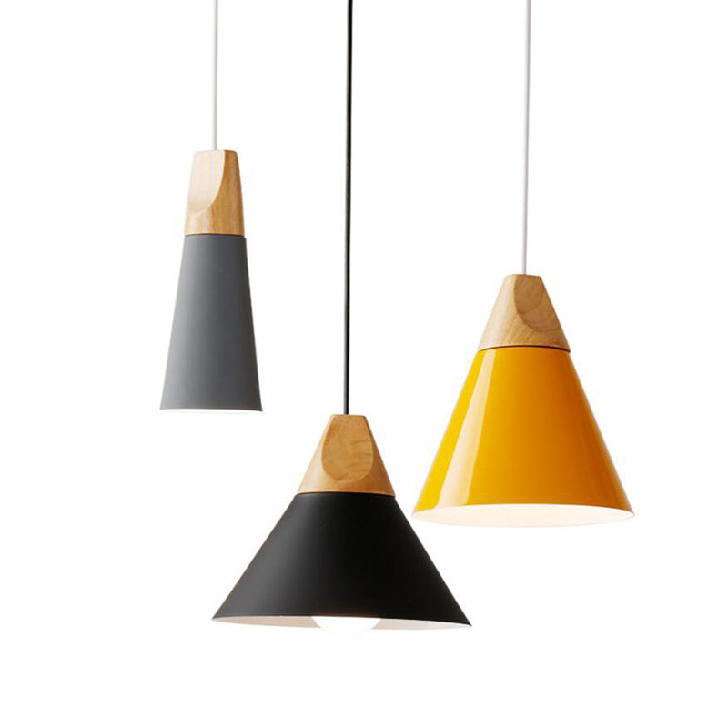 1 Light Metal Tapered Pendant Lamp Nordic Style Wooden Top Living Room Hanging Lamp