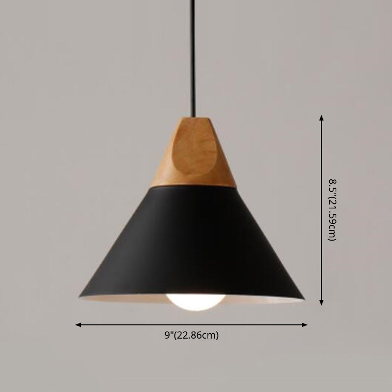 1 Light Metal Tapered Pendant Lamp Nordic Style Wooden Top Living Room Hanging Lamp