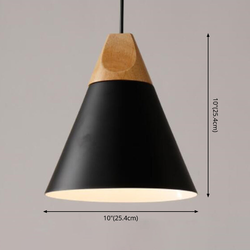 1 Light Metal Tapered Pendant Lamp Nordic Style Wooden Top Living Room Hanging Lamp