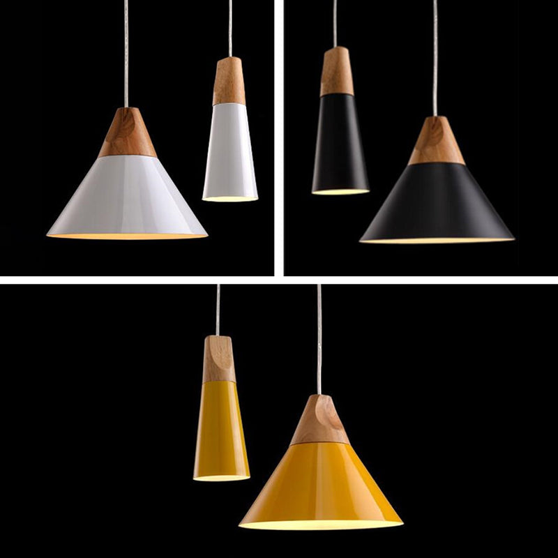 1 Light Metal Tapered Pendant Lamp Nordic Style Wooden Top Living Room Hanging Lamp