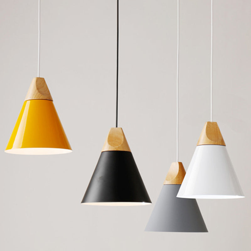 1 Light Metal Tapered Pendant Lamp Nordic Style Wooden Top Living Room Hanging Lamp