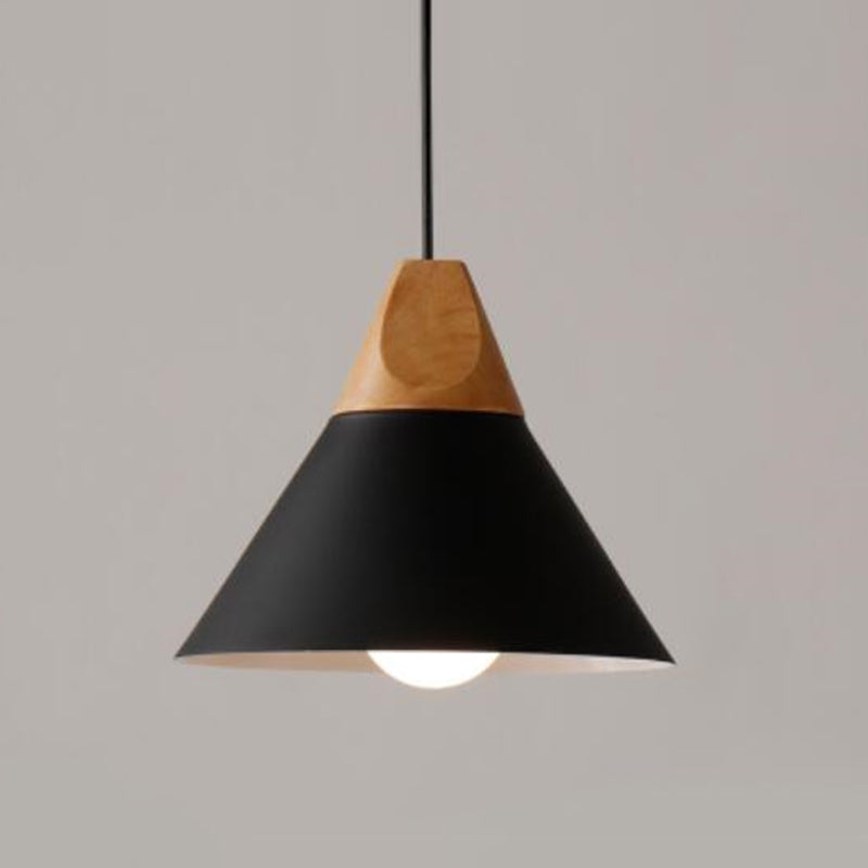 1 Light Metal Tapered Pendant Lamp Nordic Style Wooden Top Living Room Hanging Lamp