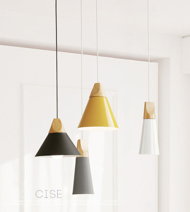 1 Light Metal Tapered Pendant Lamp Nordic Style Wooden Top Living Room Hanging Lamp