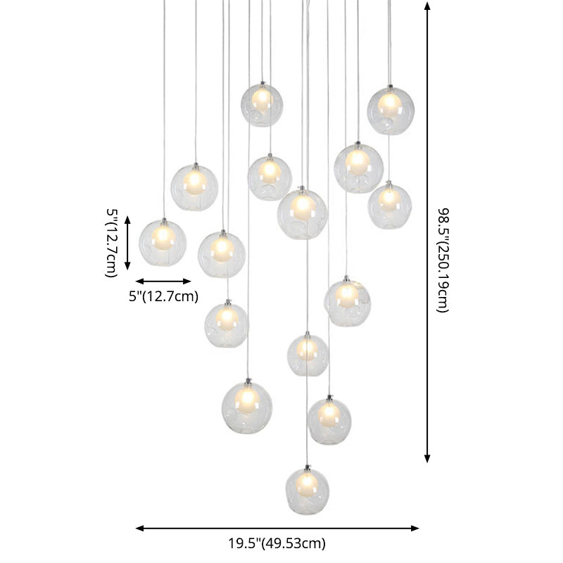 Ball Spiral Stairs Multi-Pendant Clear Dimpled Glass 15-Light Modern Ceiling Light