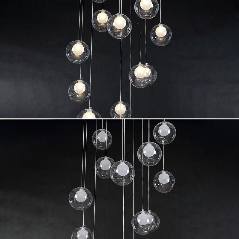 Ball Spiral Stairs Multi-Pendant Clear Dimpled Glass 15-Light Modern Ceiling Light