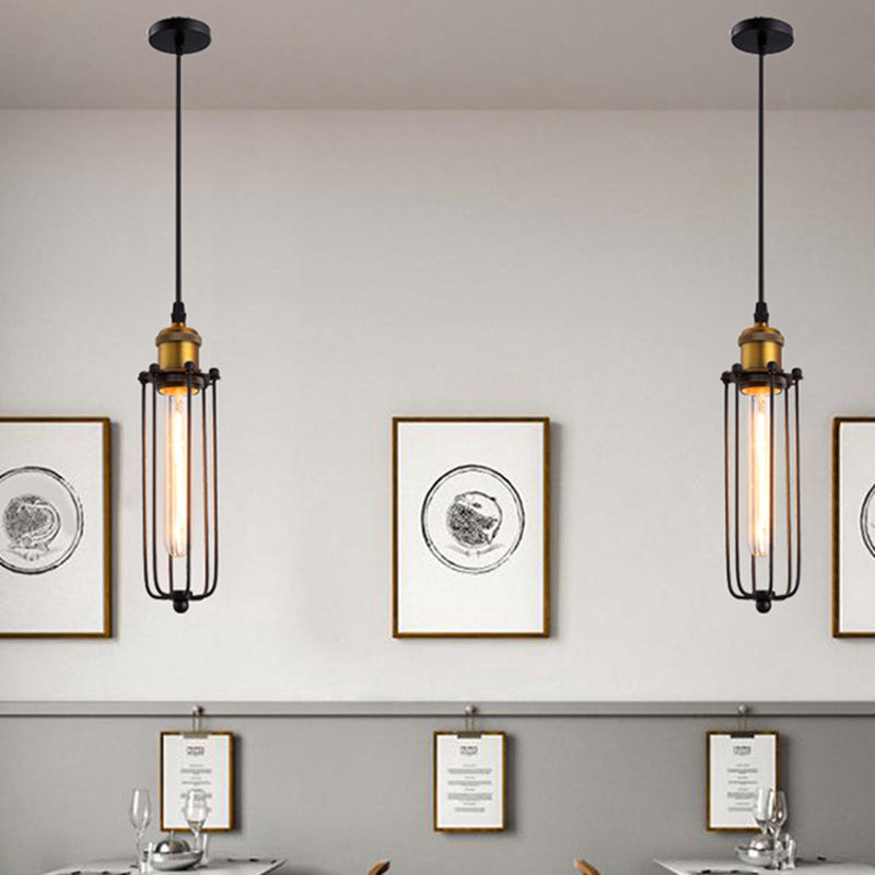 Vintage Industrial Cylindrical Wire Cage Pendant Light Black Metal Suspension Light for Living Room