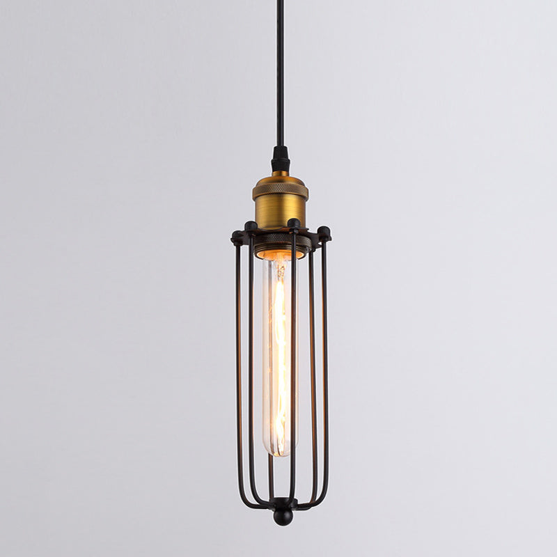 Vintage Industrial Cylindrical Wire Cage Pendant Light Black Metal Suspension Light for Living Room