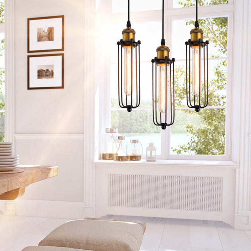 Vintage Industrial Cylindrical Wire Cage Pendant Light Black Metal Suspension Light for Living Room