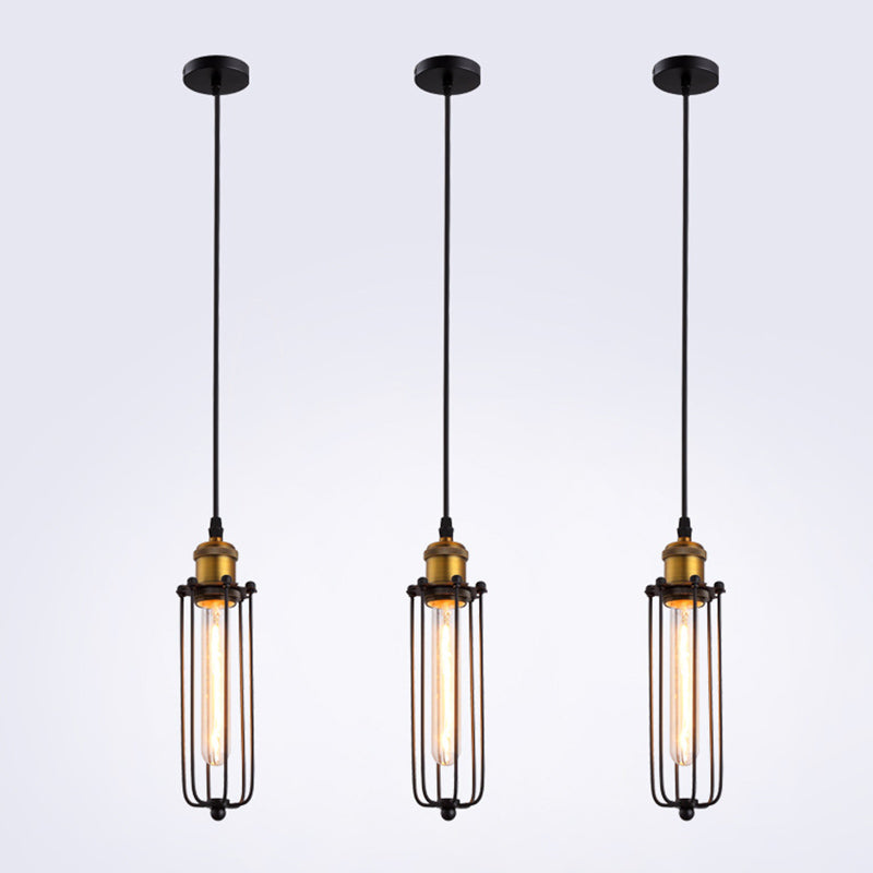 Vintage Industrial Cylindrical Wire Cage Pendant Light Black Metal Suspension Light for Living Room