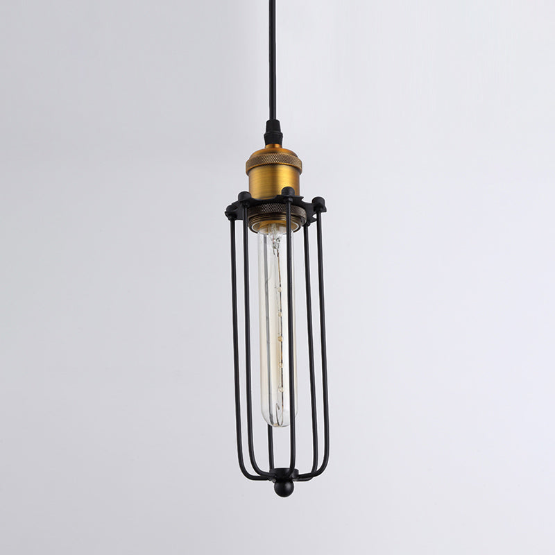 Vintage Industrial Cylindrical Wire Cage Pendant Light Black Metal Suspension Light for Living Room
