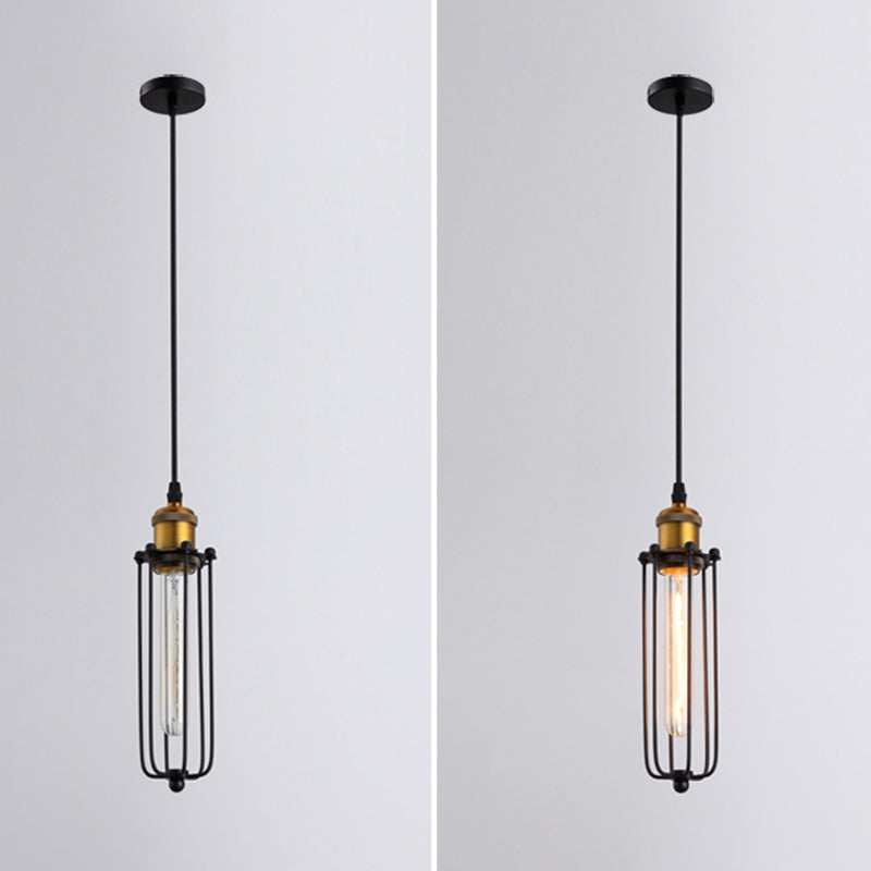 Vintage Industrial Cylindrical Wire Cage Pendant Light Black Metal Suspension Light for Living Room
