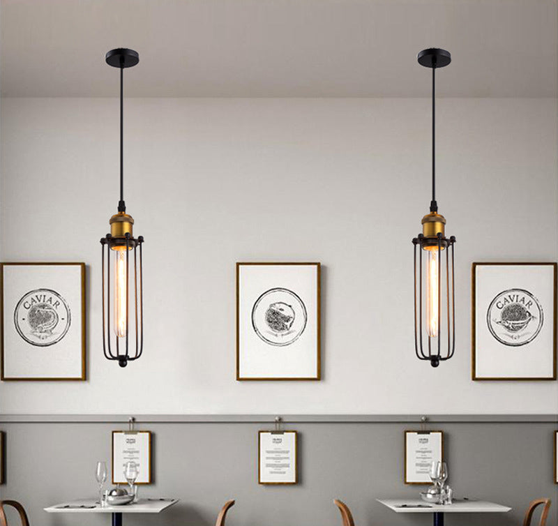 Vintage Industrial Cylindrical Wire Cage Pendant Light Black Metal Suspension Light for Living Room