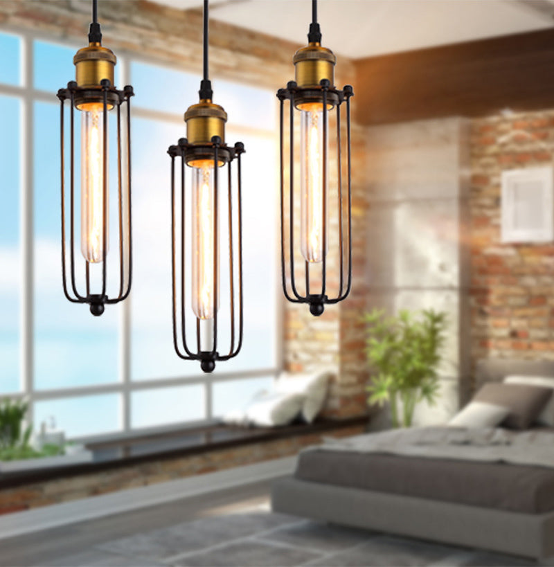 Vintage Industrial Cylindrical Wire Cage Pendant Light Black Metal Suspension Light for Living Room