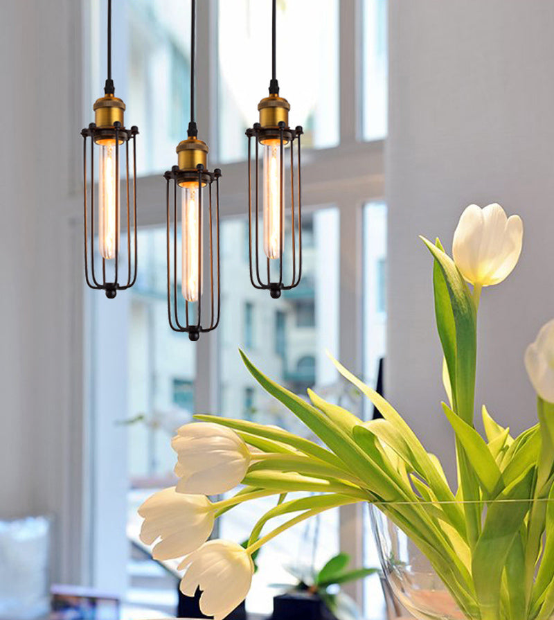 Vintage Industrial Cylindrical Wire Cage Pendant Light Black Metal Suspension Light for Living Room
