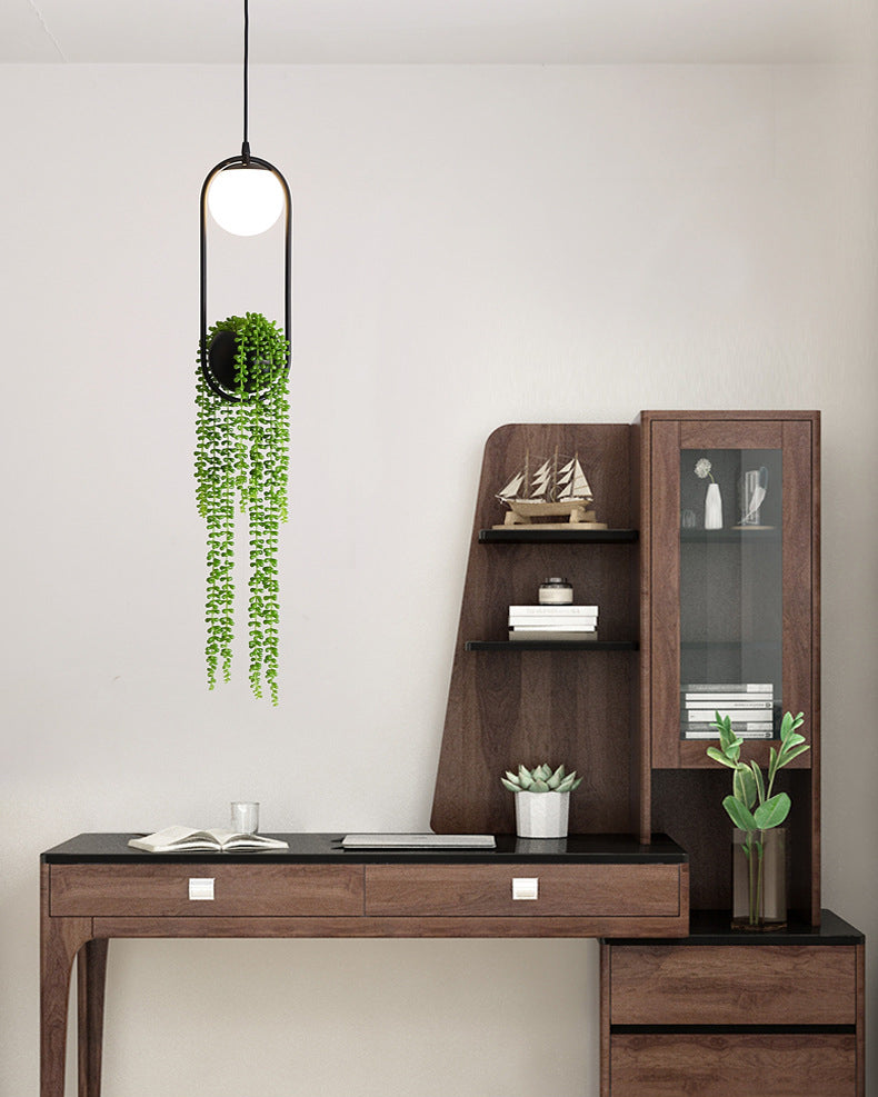 Modern Oval Metal Hanging Lamp White Glass Globe Shade 1 Light Pendant Light with Green Plant