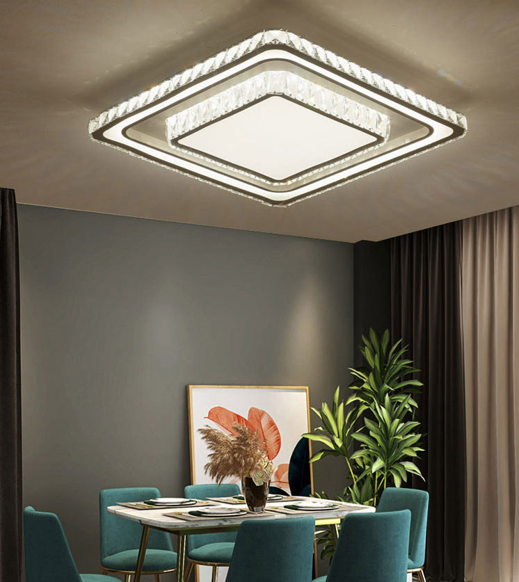 Dual-Tier Crystal Flush Light Minimalist LED White Flush Mount Ceiling Light for Living Room