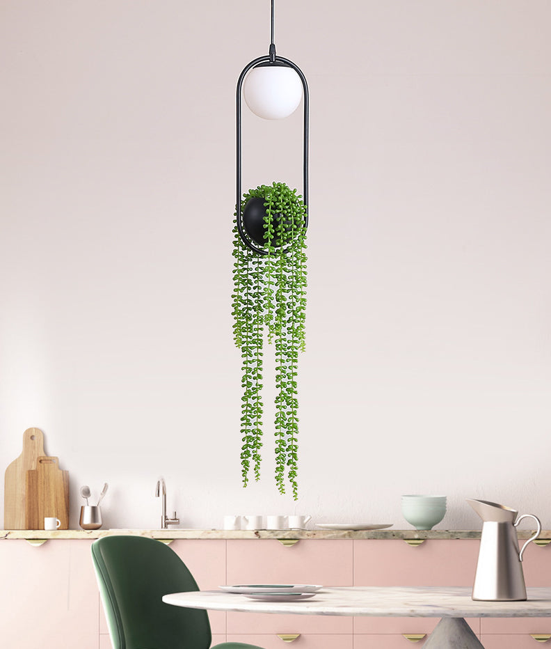 Modern Oval Metal Hanging Lamp White Glass Globe Shade 1 Light Pendant Light with Green Plant