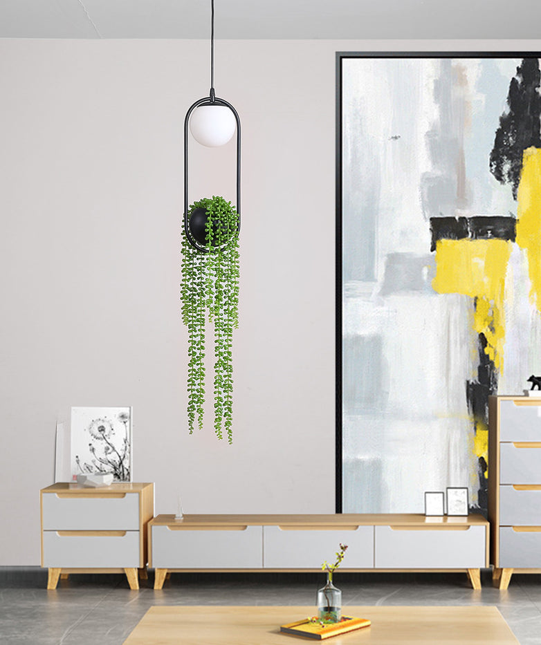 Modern Oval Metal Hanging Lamp White Glass Globe Shade 1 Light Pendant Light with Green Plant