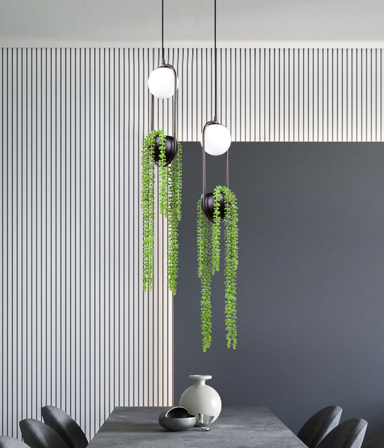 Modern Oval Metal Hanging Lamp White Glass Globe Shade 1 Light Pendant Light with Green Plant